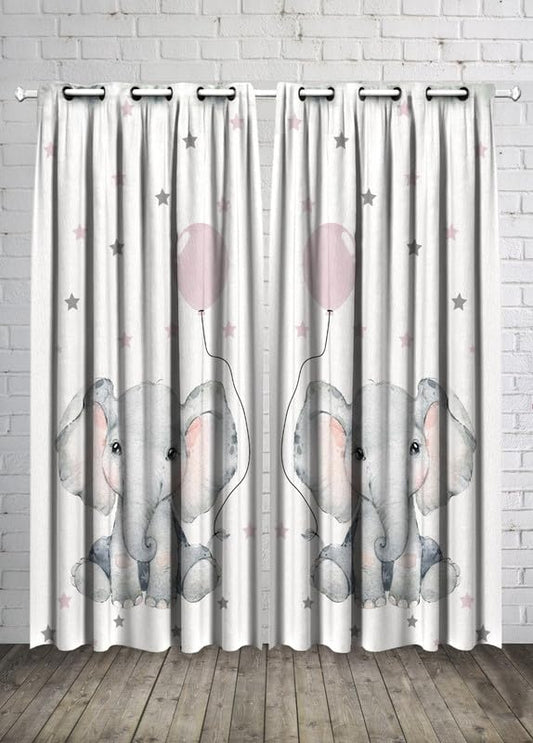 INtex CURTAINS Kids Room Elephant Balloon and Stars Baby Girl Curtain -Linen Velvet Fabric -Privacy - Steel Grommets - 2 Pieces 135W x 240L CM