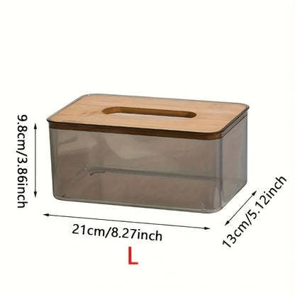 Acrylic Rectangle Tissue Organizer Box With Bamboo Wooden Removable Lid Add More Elegane For Home And Office - Transparent