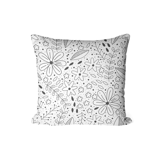 Canvas Flower Junior Cushion Cover in Black & White, a durable decorative pillow for kids with a charming floral outline design, 40x40 cm, a sweet and artistic touch for a child's bedroom