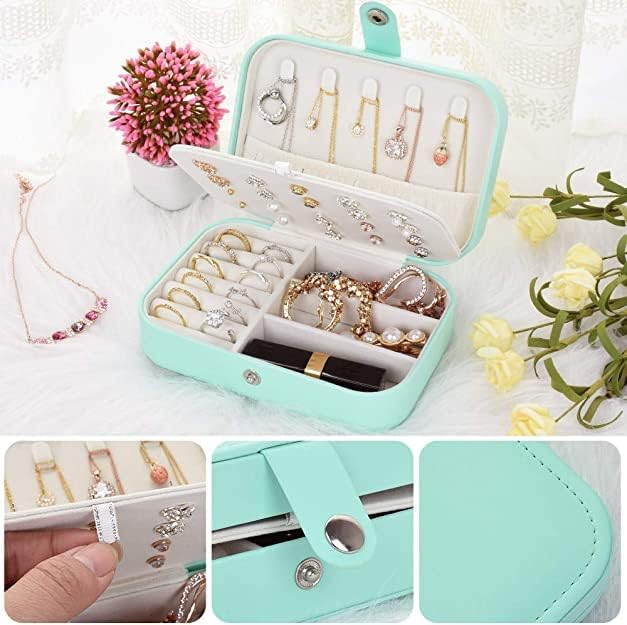 Jewelry Box Organizer, Travel Jewelry Case PU Leather Portable Jewelry Storage Box for Women and Girls Earring Rings Necklace Bracelets Accessories, Double Layer (Blue)