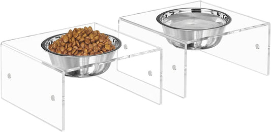Acrylic Raised Dog Bowl Stand, Magnetic Feeder with Stainless Steel Bowls, 23.5 x 12.7 x 16 cm, Clear Pet Food and Water Stand, For Small and Medium Dogs