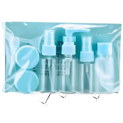 Seven-Piece Travel Bottles Set, Durable and Reusable Transparent Plastic Containers for Cosmetics, Perfume, and Skincare, Travel Kit for Women - Blue
