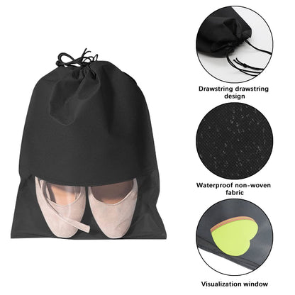 QZDAFFIC 16 Pcs Large Travel Shoe Bag,Non-Woven Drawstring Shoes Storage Bags,Shoe Organizer Pouch for Men Women Daily and Travel Use, Black, 18pcs, Shoe Bag