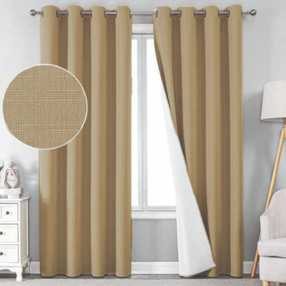 Linen 100% Blackout Curtains for Bedroom Living Room Thermal Insulated Fabric -Room Darkening -Steel Grommet Window Curtains -1 Piece