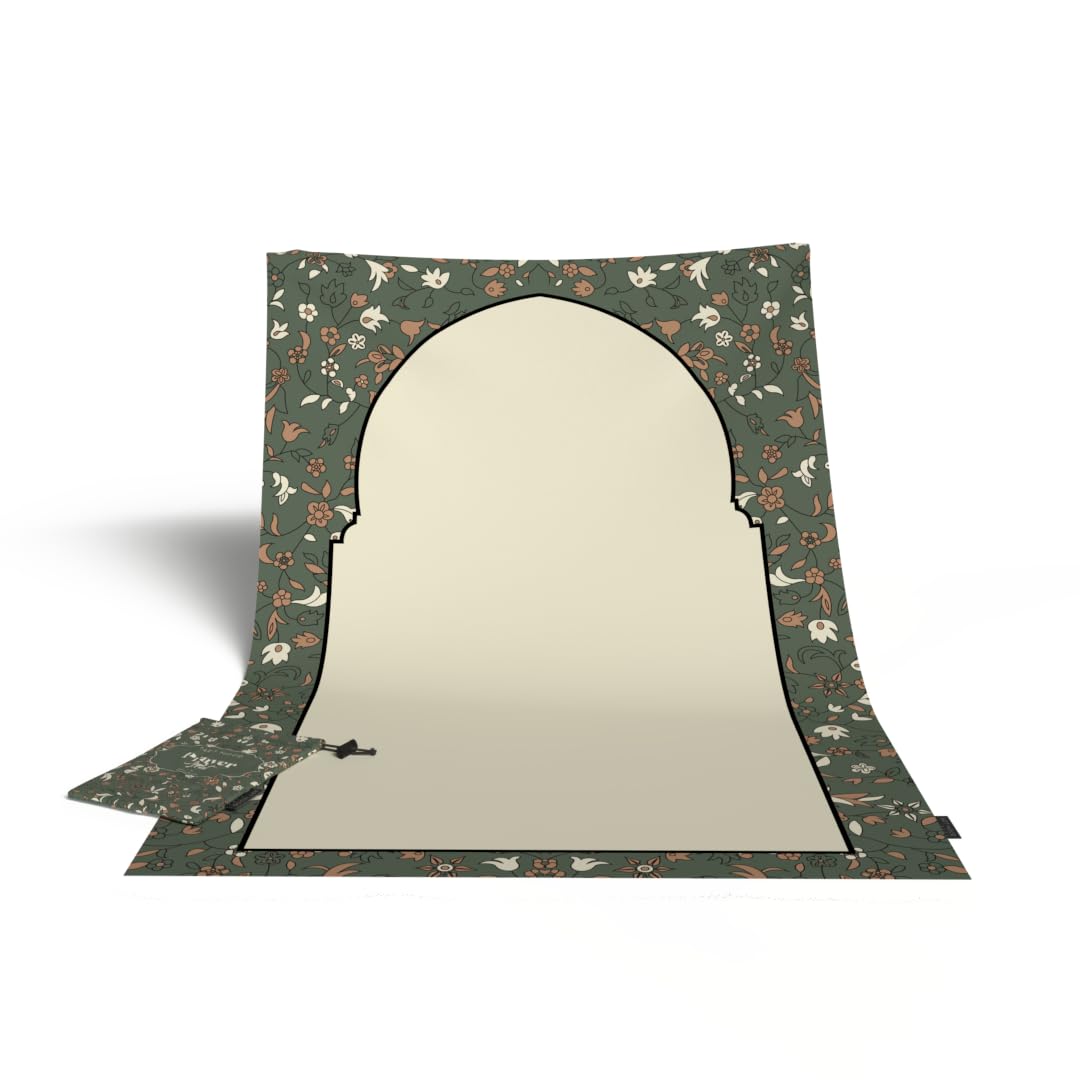 Al-Rawda Portable Prayer Mat, a Waterproof and Lightweight Travel Rug that folds into a Compact Pocket Size, Olive, a Durable and Convenient Mat for Muslim Prayer (Salah) anytime, anywhere