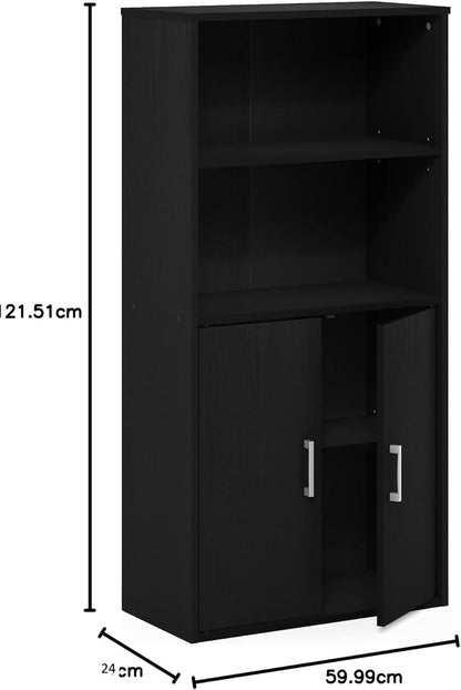 Storage Bookcase with 2 Doors in Black, Manufactured Wood Cabinet with 2 Open Shelves, Freestanding Organizer for Living Room or Office, Combination Display and Concealed Unit
