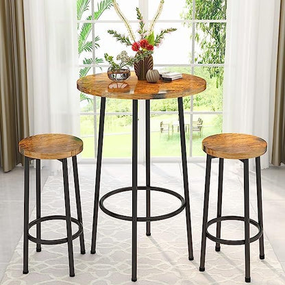3 Piece Pub Table Set, Modern Round Bar Table with 2 Stools Set, Bistro Counter Height Table Dining Set of 2 for Small Space, Dining, Kitchen, Restaurant, Breakfast Nook - Rustic Brown