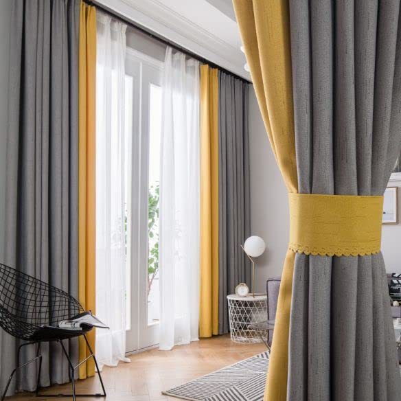INtex CURTAINS HOUSE Velvet Sabia Modern Design Curtain – Two colors With Tie-backs - 2 Piece - Basic Tape Design 400W X 230L CM Gray*Yellow