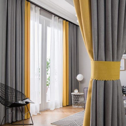 INtex CURTAINS HOUSE Velvet Sabia Modern Design Curtain – Two colors With Tie-backs - 2 Piece - Basic Tape Design 400W X 230L CM Gray*Yellow
