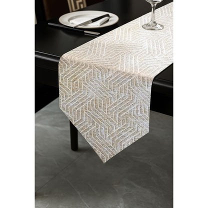 INtex Home Table Runner with V-Shaped End, Nadia’s Geometric Design in Heavy Duty Velvet Linen Fabric, Reception Living Room or Special Occasions, 1 Pc - 45 x 160 cm - Café