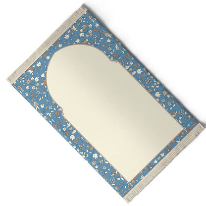 Velvet Prayer Mat in Beige and Blue, 68x117 cm, a comfortable Islamic rug with a soft design, ideal for daily use at home, the mosque, or for travel, ensuring a clean prayer space