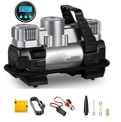 tyre inflator air compressor KAP12-150 d 2 pistons 45l/m 150 watt cars, bicycle, balls with led flash light with digital Pressure Gauge