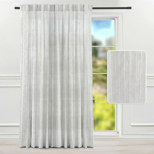 INtex CURTAINS HOUSE Linen Curtains for Living Room, Semi-Sheer Light-Filtering Drapes with White Stripes, Natural Fabric, 2 Hanging Options, 1 Piece - Off-White - 200W x 230L CM