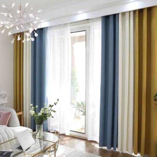 Velvet Modern Design Curtain- Soft Fabric - three colors with Tie-backs - 2 Piece 4 meters width (400W X 250L CM, Gold*Off White*Petrol Blue)