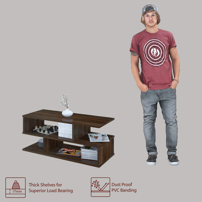 s-Shape Wood Coffee Table in Walnut, Modern Centre Table for Living Room, Tea Table with Lower Shelf, Unique Geometric Design, Two-Tier Storage