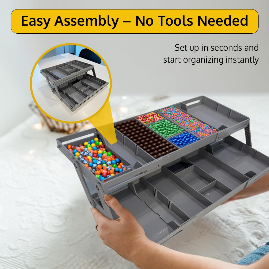 ThriveHive Multi Level Smart Drawer Organizer with 2 Tier Collapsible Foldable Trays, Multi-level Design for Efficient Storage, Multi Level Drawer Organizer Solution - Gray