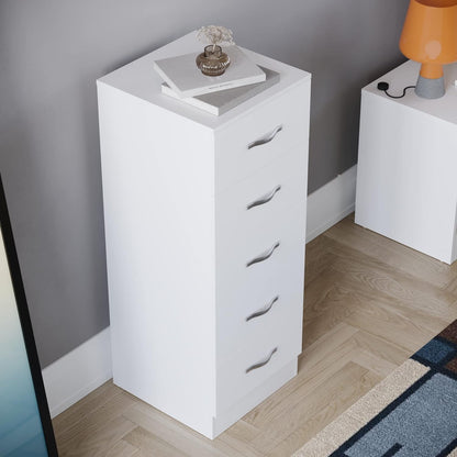 5-Drawer in White, Slim Bedroom Storage Unit with Sliding Drawers, Narrow Chest of Drawers for Small Spaces, Modern Vertical Dresser for Bedroom Furniture