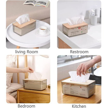 ANTOLE Tissue Box Cover Holder, Clear Acrylic Rectangular Tissues Dispenser Box Dryer Sheet Wet Toilet Paper Tray with Bamboo Wood Lid,Tissue Organizer for Bathroom,Living Room,Bathroom (Clear)