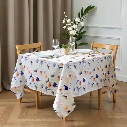 Tablecloth, Sou Floral Pattern, Square Design, Premium Linen Velvet Fabric, Ultra-Soft and Wrinkle-Resistant, 130×130 cm, 1 Piece, Off-White x Navy Blue x Blush, for Dining or Living Room