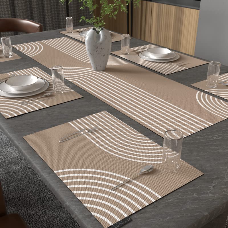 طقم طعام لين ليف مكون من 7 قطع، مع 6 مفارش طعام من القماش متعدد الألوان (45 × 30 سم) وغطاء طاولة واحد (35 × 140 سم)، يتميز بتصميم نباتي عصري لتزيين وحماية طاولة الطعام الخاصة بك