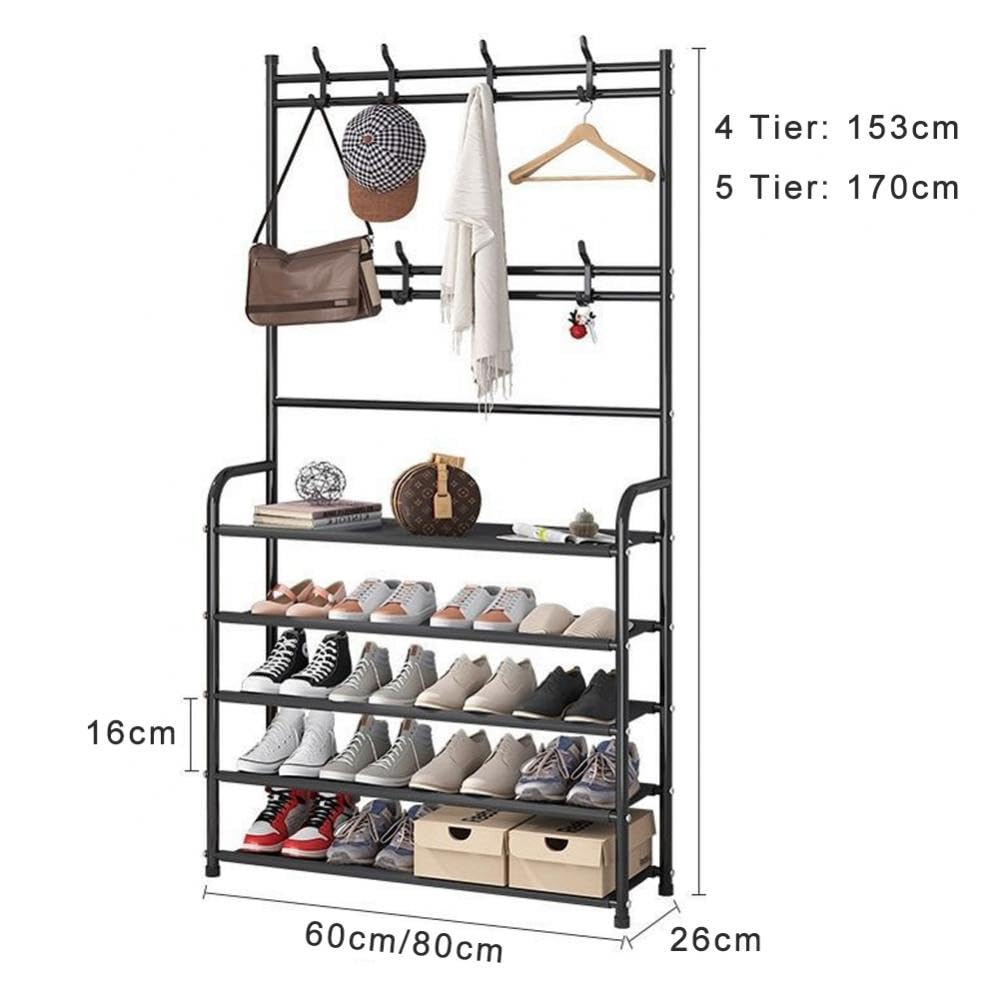 Gelory Coat Stand with Shoe Storage Organiser - 5 Tier Rack, Holder, Stand, and Shelf for Entryway, Hallway, Dorm, Bedroom (Black)