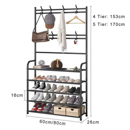 Gelory Coat Stand with Shoe Storage Organiser - 5 Tier Rack, Holder, Stand, and Shelf for Entryway, Hallway, Dorm, Bedroom (Black)