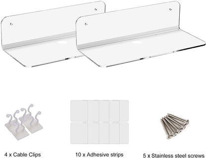 2-Piece Floating Wall Shelves, Clear Acrylic Shelves with Cable Clips, 30 cm Compact Wall-Mounted Display for Bedroom Bathroom Gaming Room Living Room or Office Use, Clear Color