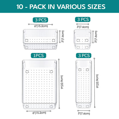 STORESLA™ 10-Piece Multi-Sized Non-Slip Drawer Organizer Trays, Clear Plastic, Ideal for Desk, Dresser, Kitchen & Bathroom, Store Makeup, Kitchen Utensils, Jewelry & More
