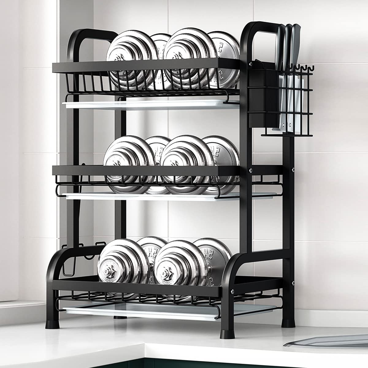 Jorunhe Dish Drying Rack, 3-Tier Large Capacity Kitchen Dish Rack Drainboard Set,Rust-Proof Dish Drainer Rack with Drip Tray & Utensil Holder, Cutting Board Holder and Dish Drainer for Kitchen (Black)