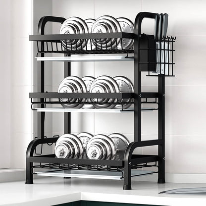 Jorunhe Dish Drying Rack, 3-Tier Large Capacity Kitchen Dish Rack Drainboard Set,Rust-Proof Dish Drainer Rack with Drip Tray & Utensil Holder, Cutting Board Holder and Dish Drainer for Kitchen (Black)