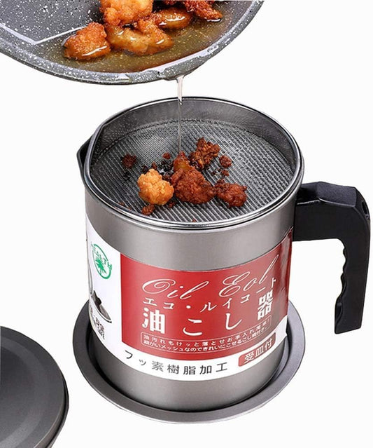 Stainless Steel Kitchen Oil Strainer Pot with Filter – 1.4L Oil Dispenser and Storage Container with Fine Mesh Strainer for Frying Oil and Cooking Grease