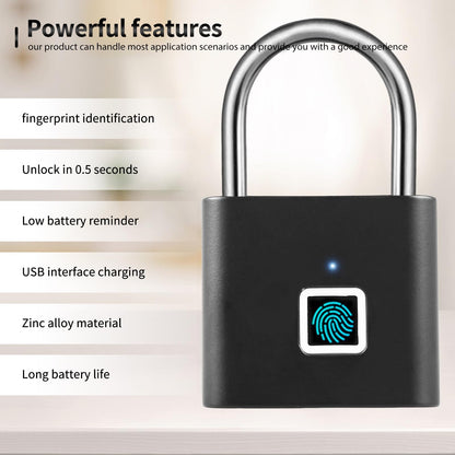 SPORWAY Fingerprint Lock: USB Charging Padlock Keyless Lock IP55 Waterproof Padlock, Small Lock with Fingerprint for Gym, Office, Home, Garden, Cupboard (Black)
