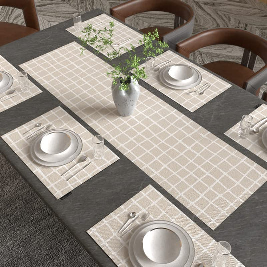 Haven 2 7-Piece Dining Set, includes 6 Durable Canvas Placemats (45x30 cm) and 1 Table Runner (35x140 cm), Beige & Blue, a Chic, Modern Design to Protect and Beautify your Table