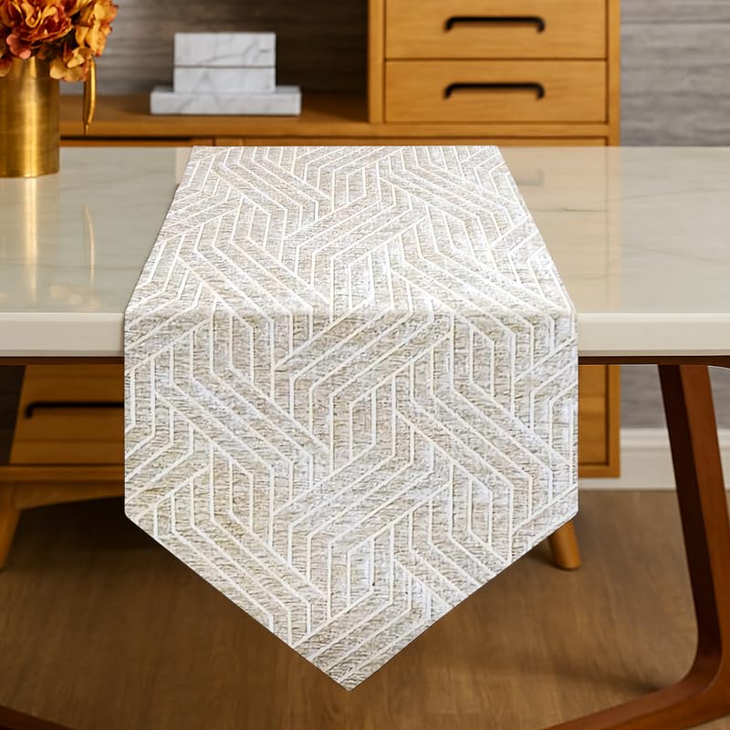 INtex Home Table Runner with V-Shaped End, Nadia’s Geometric Design in Heavy Duty Velvet Linen Fabric, Reception Living Room or Special Occasions, 1 Pc - 45 x 160 cm - Café