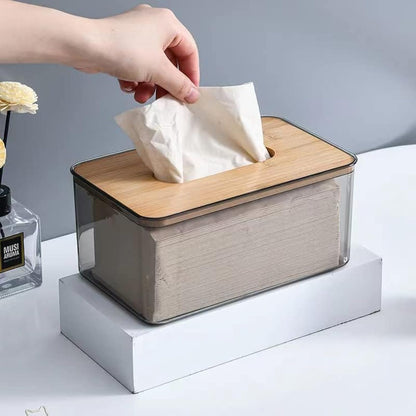 YIFFSH Tissue Box Cover Holder, Minimalist Transparent Tissue Dispenser Box with Bamboo Lid, Rectangle Dryer Sheet Dispenser Holder, Facial Tissue Holder for Bathroom Living Room Bedroom (Medium)