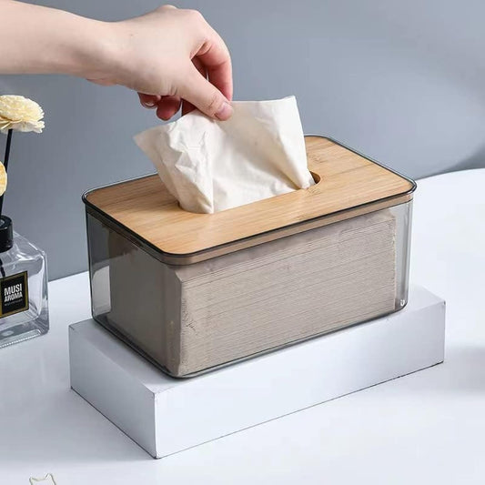YIFFSH Tissue Box Cover Holder, Minimalist Transparent Tissue Dispenser Box with Bamboo Lid, Rectangle Dryer Sheet Dispenser Holder, Facial Tissue Holder for Bathroom Living Room Bedroom (Medium)