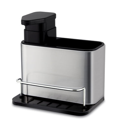 Stainless Steel Kitchen Sink Organizer Caddy, 3-in-1 Bathroom Soap Dispenser with Sponge Holder and Brush Compartment, Countertop Solution for Tidy Sinks, Modern & Durable Design