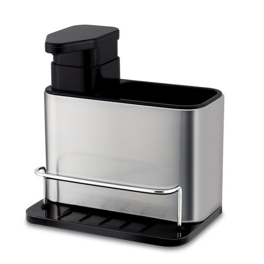 Stainless Steel Kitchen Sink Organizer Caddy, 3-in-1 Bathroom Soap Dispenser with Sponge Holder and Brush Compartment, Countertop Solution for Tidy Sinks, Modern & Durable Design