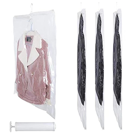 KOMMI Hanging Vacuum Sealer Bags Clothes Reusable Clothes Storage Bag with Pump for Clothes Storage Protect Your Down Jackets Sweaters Suits Evening Dresses and Expensive Clothes , Set of 4(XL x4 Pcs)