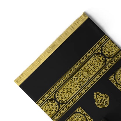 Velvet Prayer Mat in Gold and Black, 68x117 cm, a soft Islamic rug with a unique Mecca-inspired design, providing a comfortable and special surface for your daily prayers