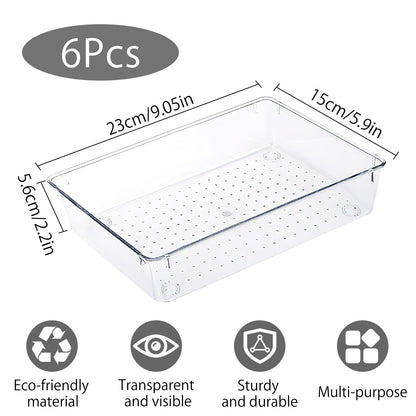 VOSSOT 6 Pieces Drawer Organiser System, Fridge Organiser Set, Stackable Storage Boxes, Clear Plastic Makeup Drawer Organiser Box, Desk Organiser Drawers