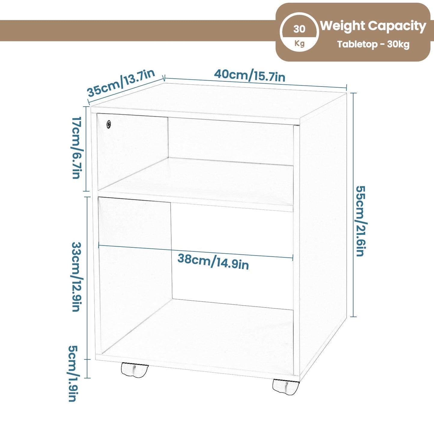 Printer Stand with Wheels in White, Mobile Office Cabinet with 2 Compartments, Engineered Wood Under-Desk Stand with Brakes, 40x35x55cm, Versatile Storage Trolley
