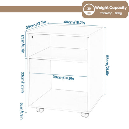 Printer Stand with Wheels in White, Mobile Office Cabinet with 2 Compartments, Engineered Wood Under-Desk Stand with Brakes, 40x35x55cm, Versatile Storage Trolley