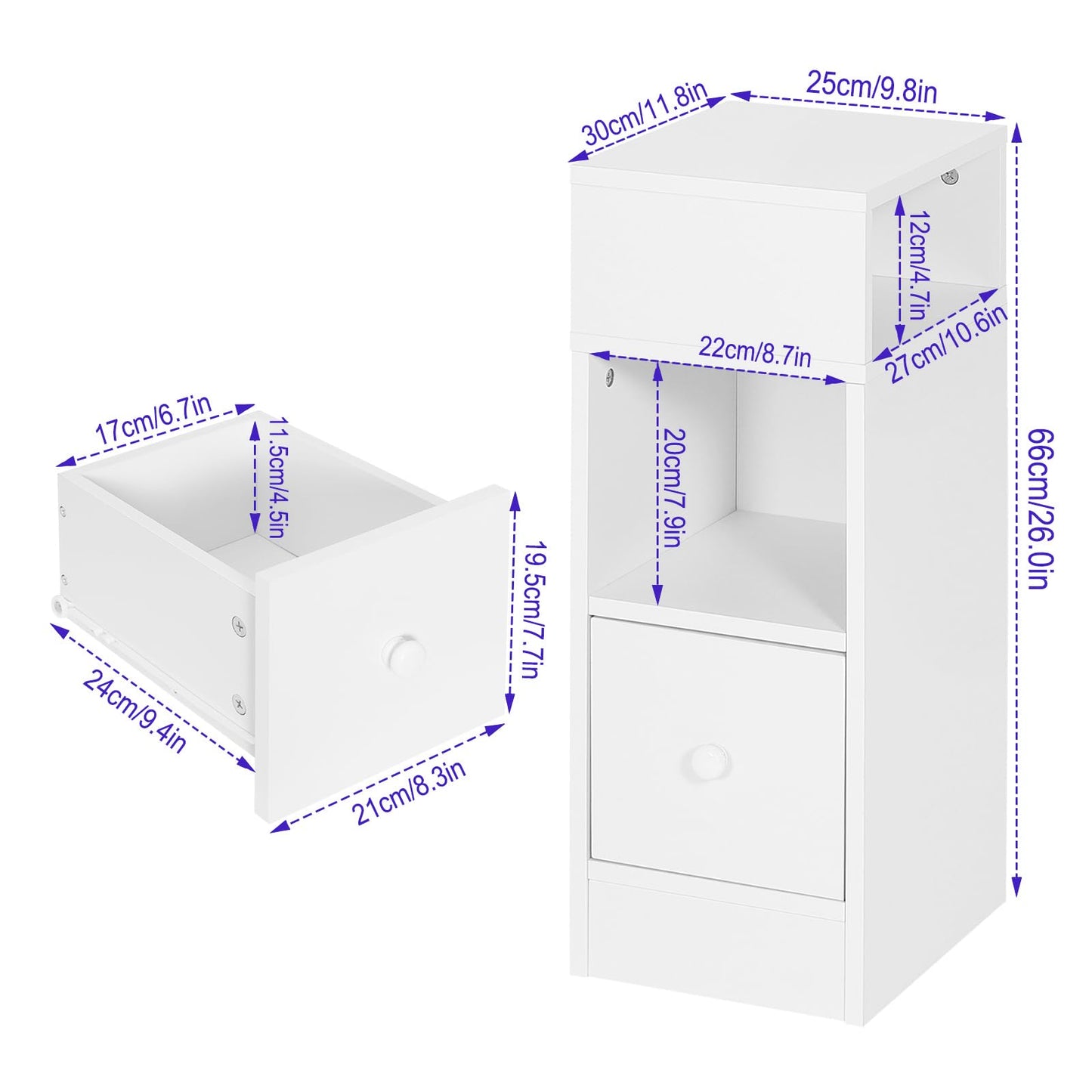 White Bedside Table, H 25 x W30 x W66 cm, TalLNightstand with 1 Drawer and 2 Open Compartments, Slim End Table for SmalLBedroom, NarroWStorage Unit