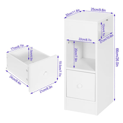 White Bedside Table, H 25 x W30 x W66 cm, TalLNightstand with 1 Drawer and 2 Open Compartments, Slim End Table for SmalLBedroom, NarroWStorage Unit