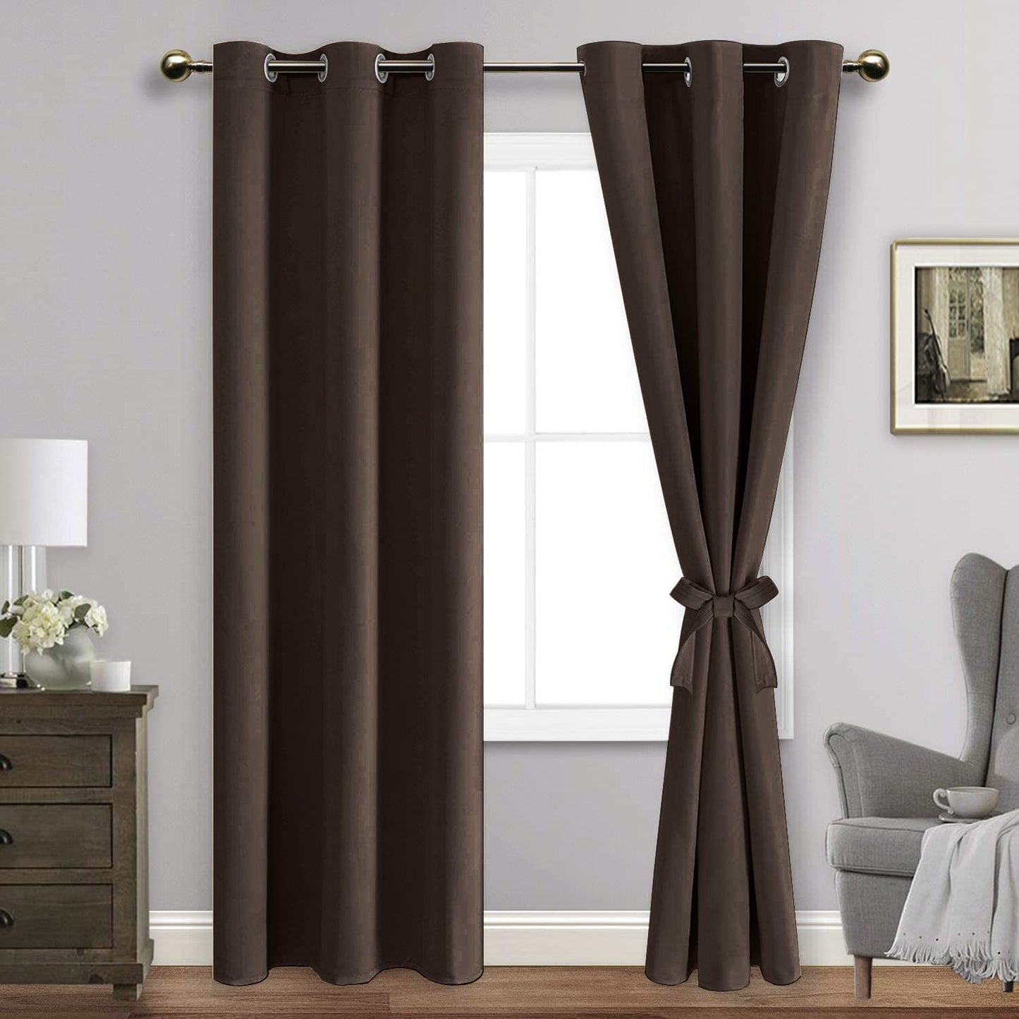 Blackout Curtains with Tiebacks - Thermal Insulated, Light Blocking and Noise Reducing Grommet Curtain Drapes for Bedroom and Living Room, Set of 2 Panels,