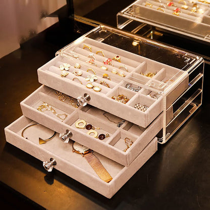 Zgwafdww Acrylic Jewelry Organizer, Earring Rings Necklaces Bracelets Display Case, Organizer Box Clear Jewelry Case, with 3 Drawers Adjustable Jewelry Box, Velvet Trays design