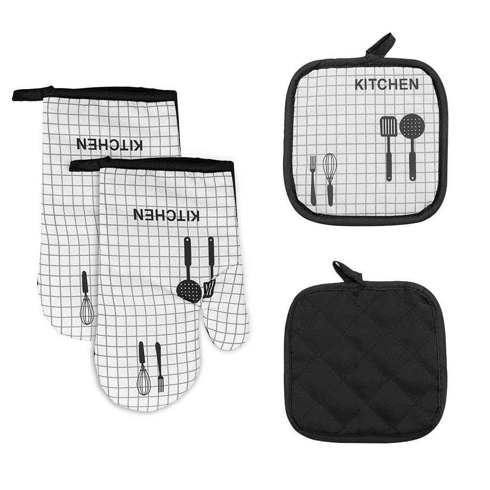 DECARETA Oven Gloves and Pot Holders Set,2 Pcs Heat Resistant Oven Mitts with 2 Pcs Pot Holders,for Cooking Baking BBQ Grill Barbecue Microwave