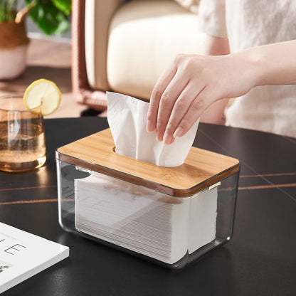 YESTOO Clear Tissue Holder, Acrylic Dryer Sheet Dispenser Box with Bamboo Lid, Transparent Container, Minimalist Design. Tissue Organizer for Laundry, Living Room, Bathroom, Bedroom, Medium Size