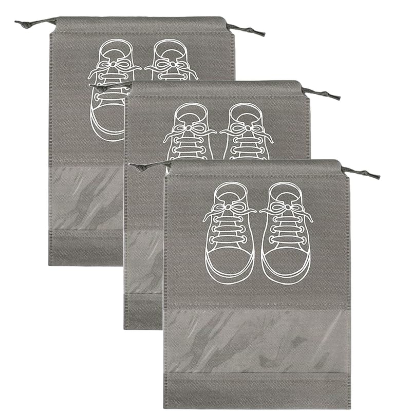 حقائب تخزين أحذية كبيرة، حقائب أحذية مقاومة للغبار برباط مع نافذة شفافة، منظم سفر مقاوم للماء، حقائب أحذية محمولة - رمادي